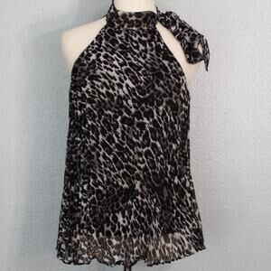 My Michelle Halter Top Blouse Sleeveless Bow Tie Animal Print Size M
